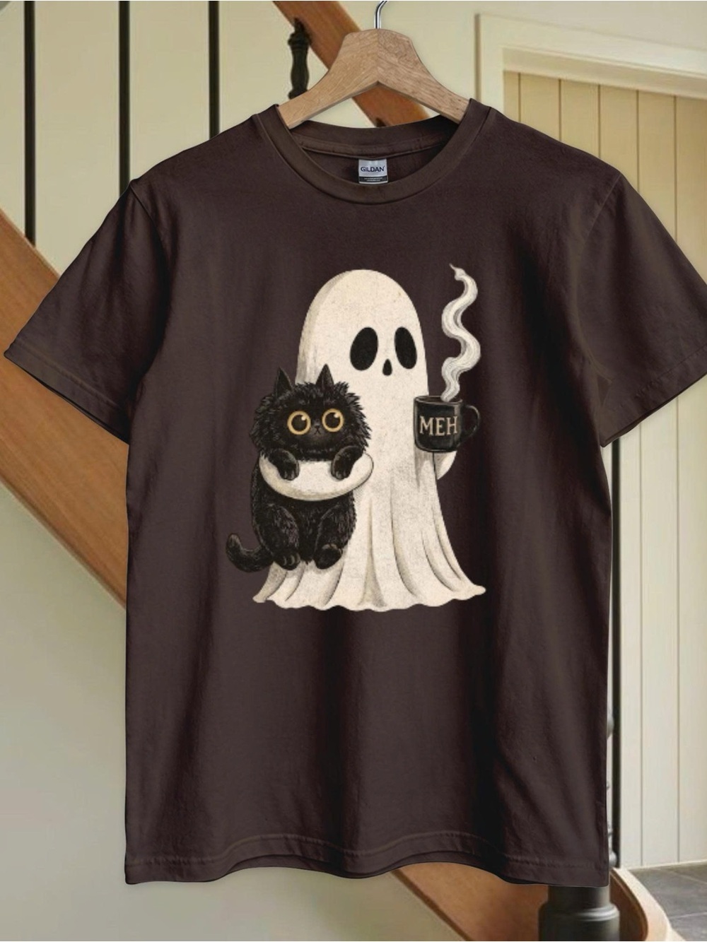 Ghost & Black Cat Graphic T-shirt, Spooky Cute Vintage Unisex Shirt